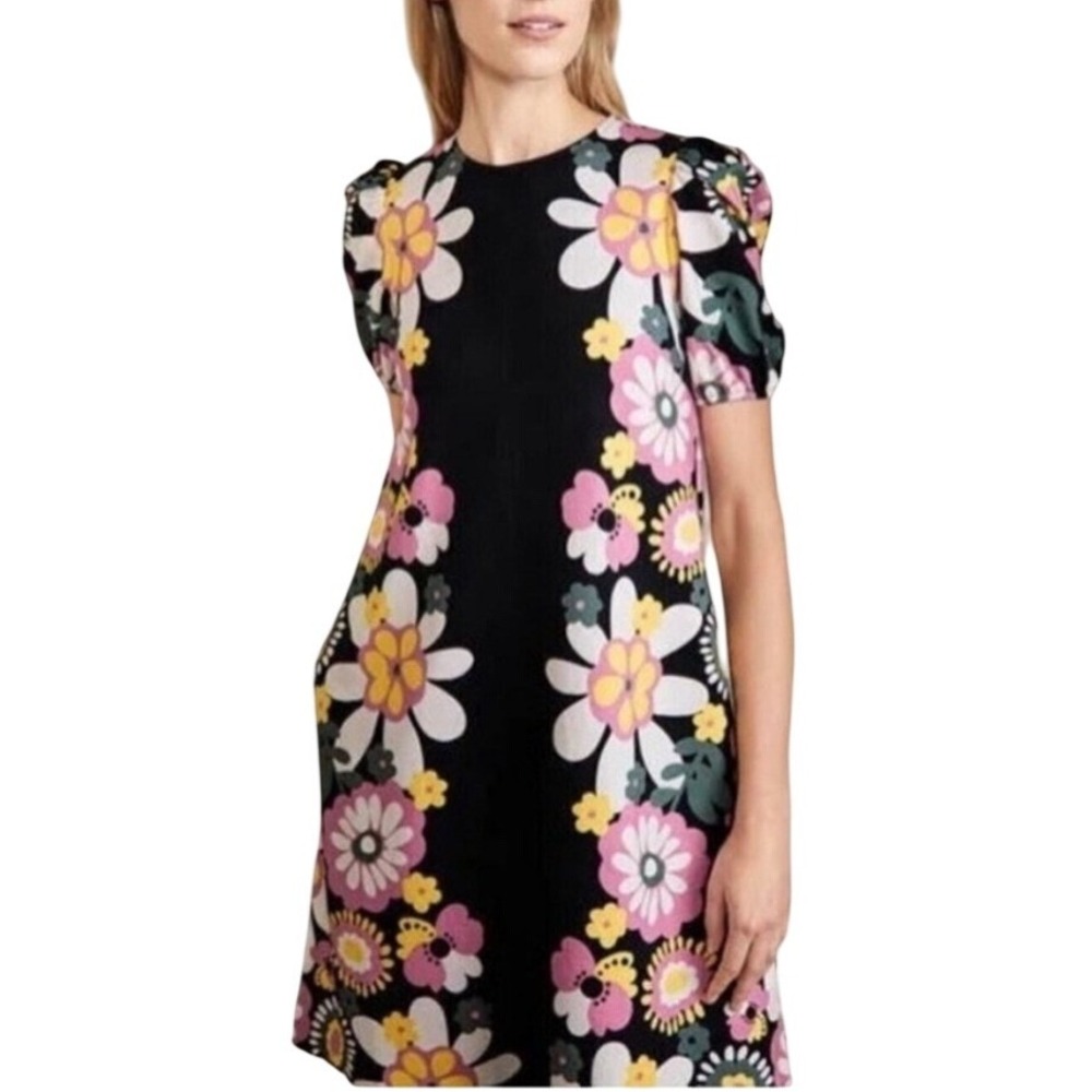 Boden Seam Detail Ponte Shift Dress Womens 6 Black Floral Puff Sleeve Jersey